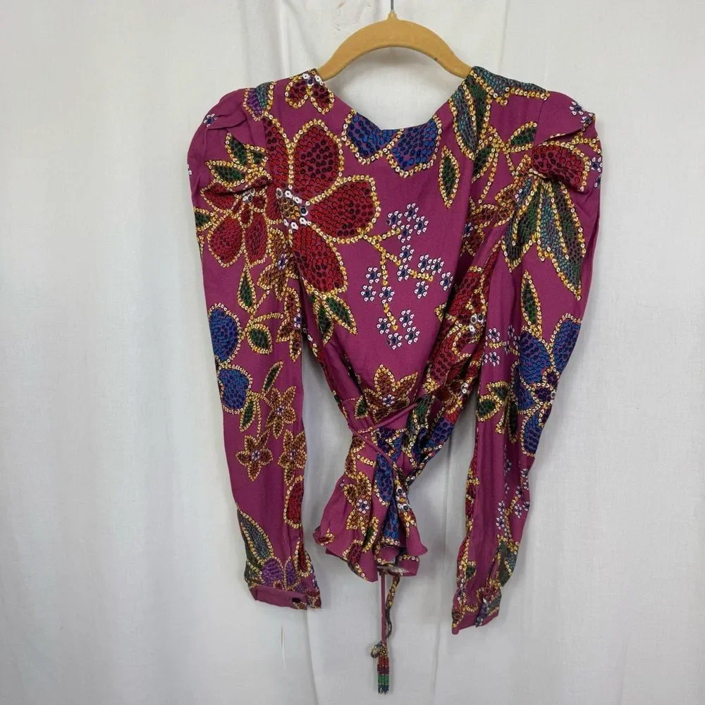 NEW Farm Rio Multicolor Floral Sequin V-Neck Long Puff Sleeve Wrap Blouse XS